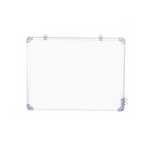 A white magnetic white board with a light-weight aluminium frame, resin-coated surface, and hanging clips on the rear side.
