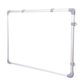 Magnetic white board with a light-weight aluminum frame and resin coated surface, suitable for writing and displaying notes.