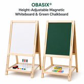 OBASIX® Height Adjustable Magnetic Foldable Whiteboard and Green Chalkboard for Children| Natural Pinewood| WBCB-02