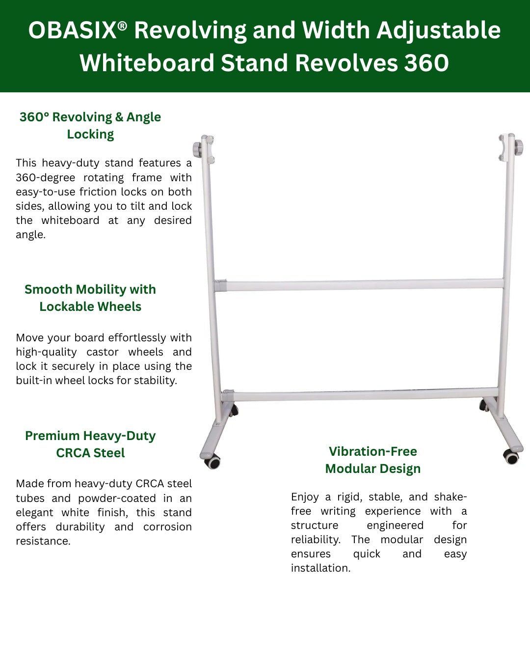 OBASIX® Premium 360 Degree Revolving Whiteboard Stand | Width Adjustable Mobile Board Stand with Lockable Wheels | Heavy Duty Powder Coated Frame | Fits 5ft to 8ft Whiteboards