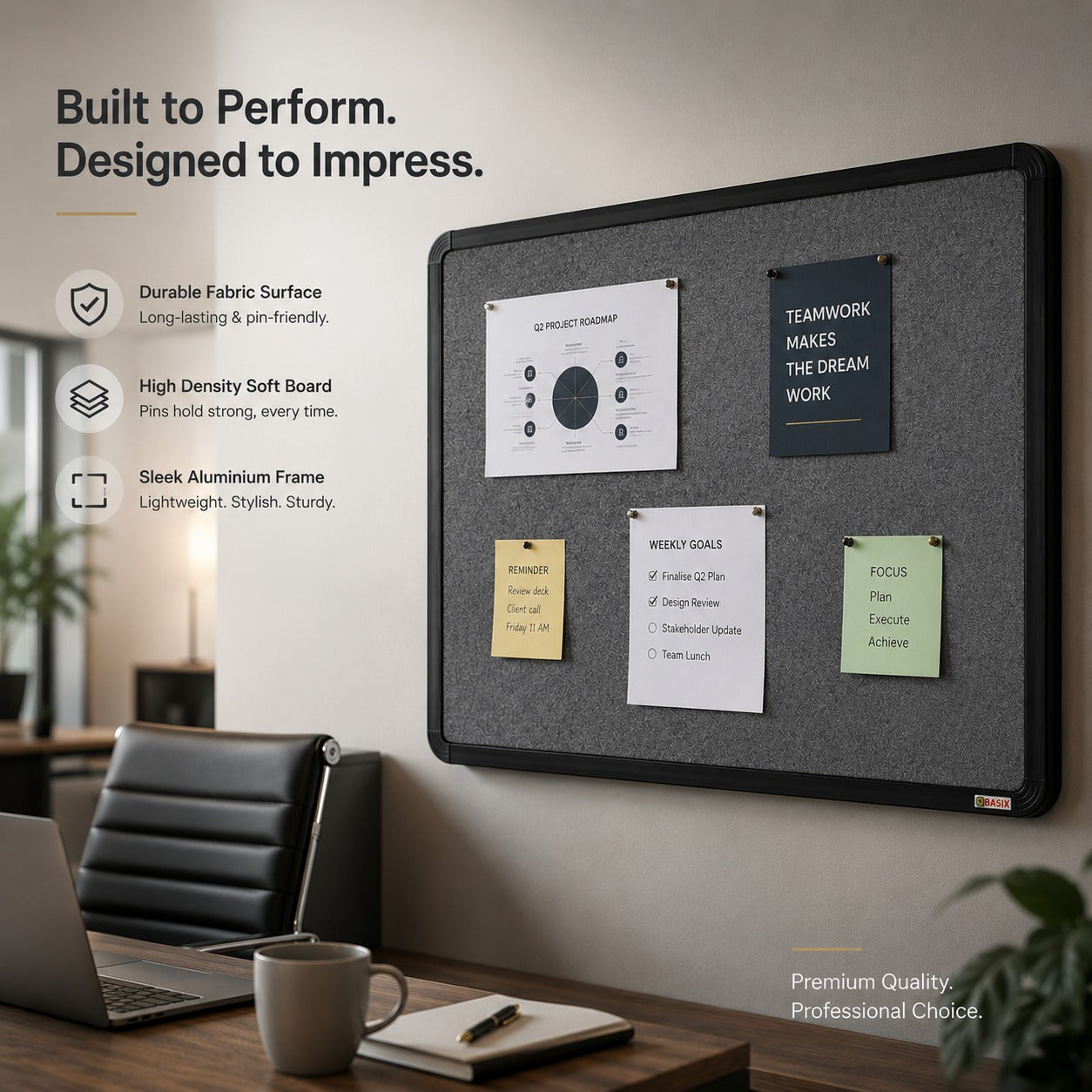 OBASIX® Superior Series Pin-Up Bulletin Notice Board 2x3 Feet Mid Grey with Powder Coated Black Aluminium Frame | Soft Board for Office, School &College | Wall Mount Pin Board with 20 Push Pins