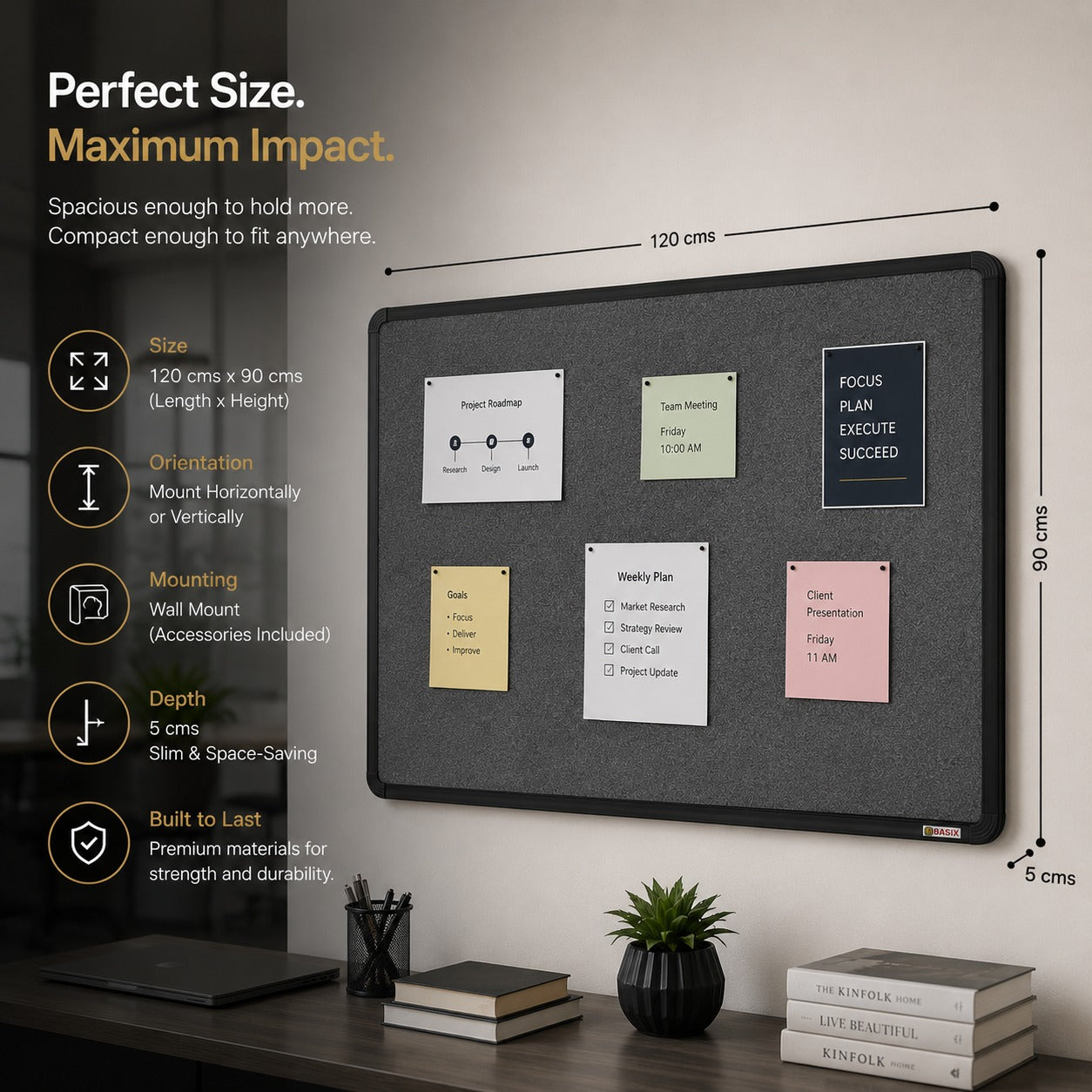 OBASIX® Superior Series Pin-Up Bulletin Notice Board 3x4 Feet Mid Grey | Office, School & College Notice Display Board with Powder Coated Black Aluminium Frame | Wall Mount Pin Board
