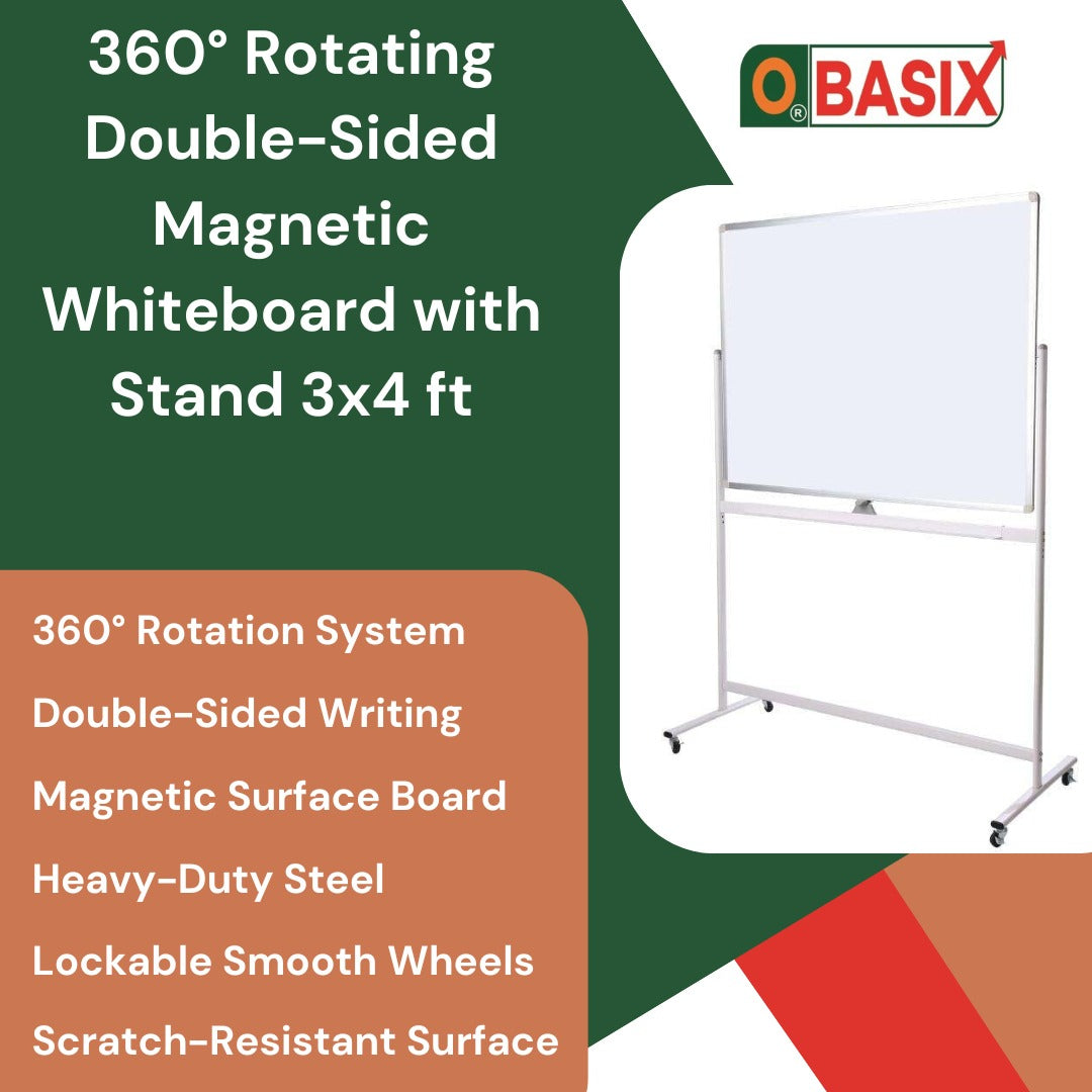 OBASIX® 3x4 ft Double-Sided Magnetic Dry Erase Board with Mobile Whiteboard Stand – , 360° Rotating & Easy Roll, Ideal for Office, School & Meeting Room