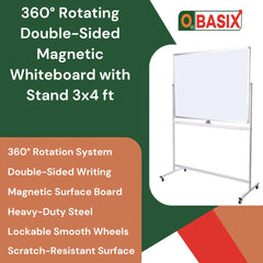 OBASIX® 3x4 ft Double-Sided Magnetic Dry Erase Board with Mobile Whiteboard Stand – , 360° Rotating & Easy Roll, Ideal for Office, School & Meeting Room