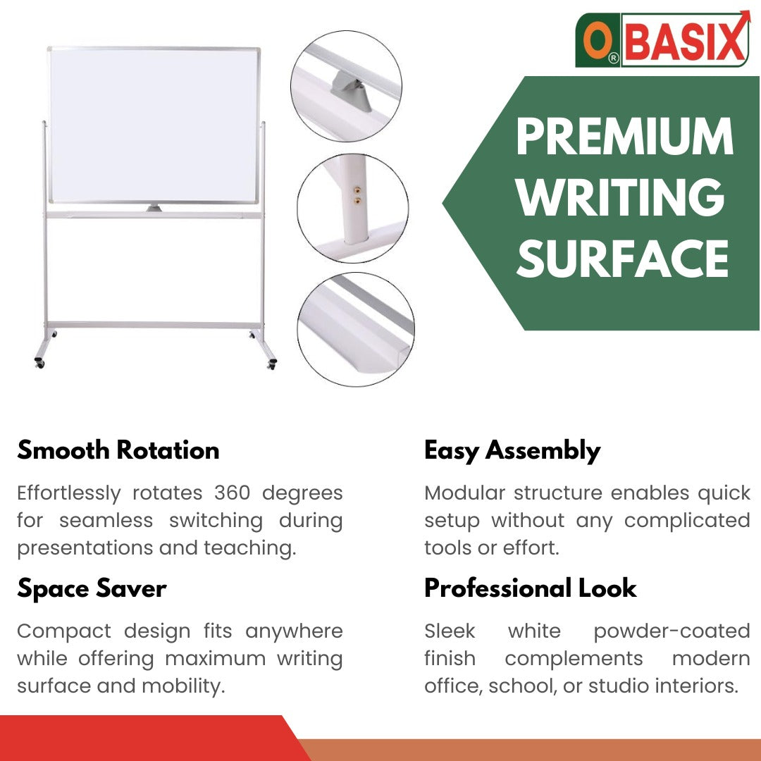 OBASIX® 3x4 ft Double-Sided Magnetic Dry Erase Board with Mobile Whiteboard Stand – , 360° Rotating & Easy Roll, Ideal for Office, School & Meeting Room