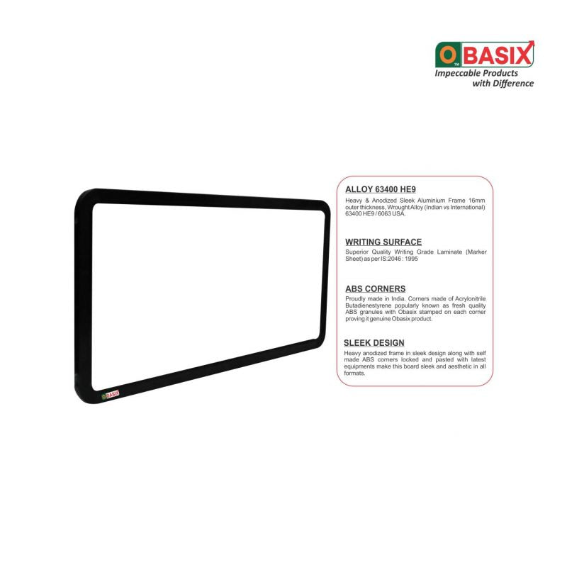 OBASIX® Superior Series White Board 1x2 Feet Non-Magnetic | Heavy Aluminium Frame Black SWBPCB3060