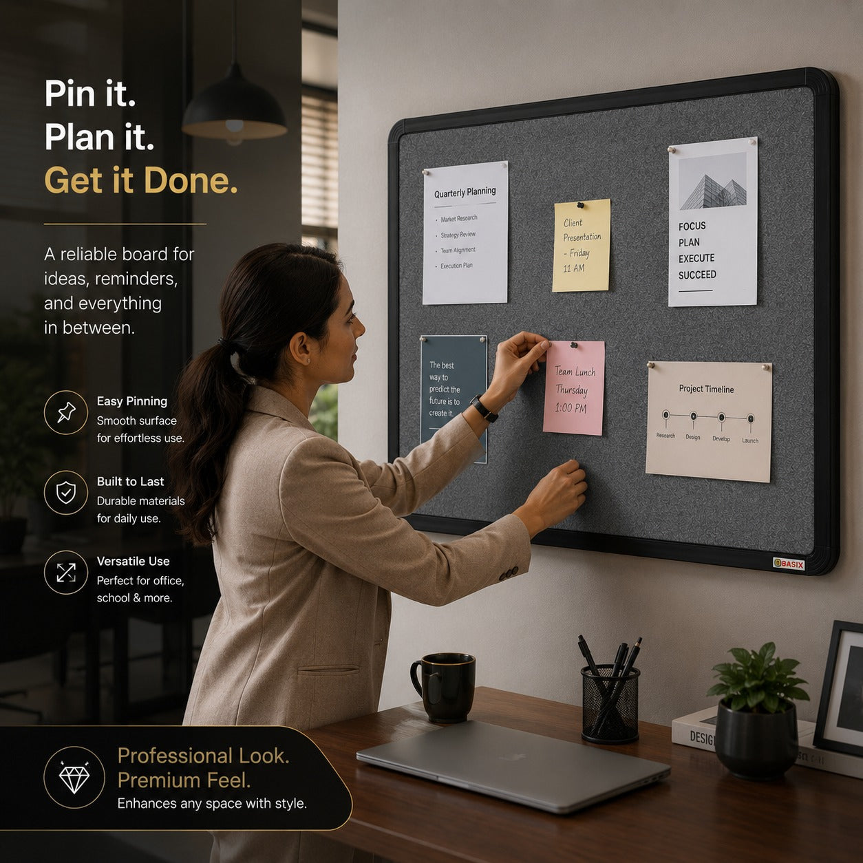 OBASIX® Superior Series Pin-Up Bulletin Notice Board 2x3 Feet Mid Grey with Powder Coated Black Aluminium Frame | Soft Board for Office, School &College | Wall Mount Pin Board with 20 Push Pins