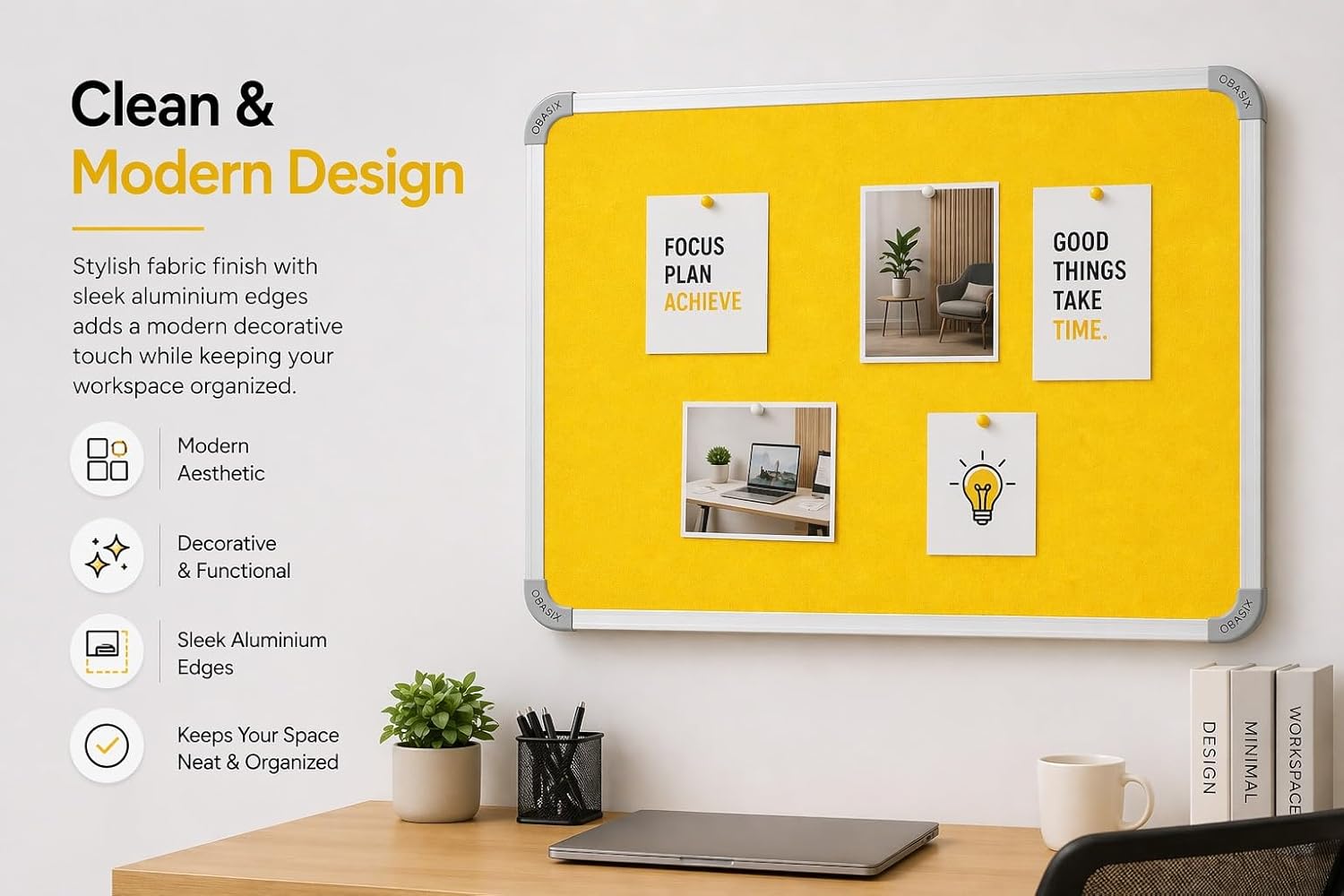 OBASIX® Superior Series Yellow Fabric Pin-Up Display Board 90×120 cm for Kids, Home & Office | Heavy-Duty Aluminium Frame Notice Board | Bulletin Board for Thumb Pins