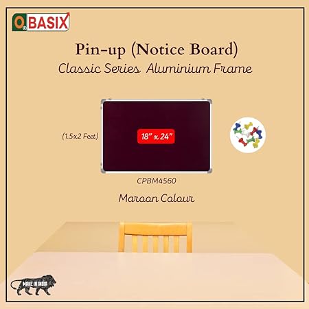OBASIX® Classic Series Pin Up Bulletin Notice Board (1.5x2Feet) Maroon for School College Office | Natural Finesse Aluminium Frame CPBM4560