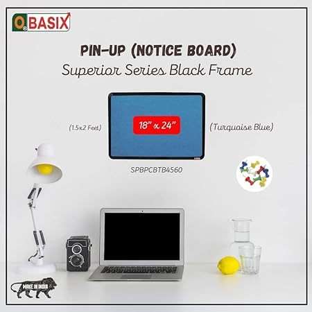 OBASIX® Superior Series Pin-up Bulletin Notice Board (1.5x2 Feet) Turquoise Blue for School College Offices  | Powder Coated Black Frame SPBPCBTB4560