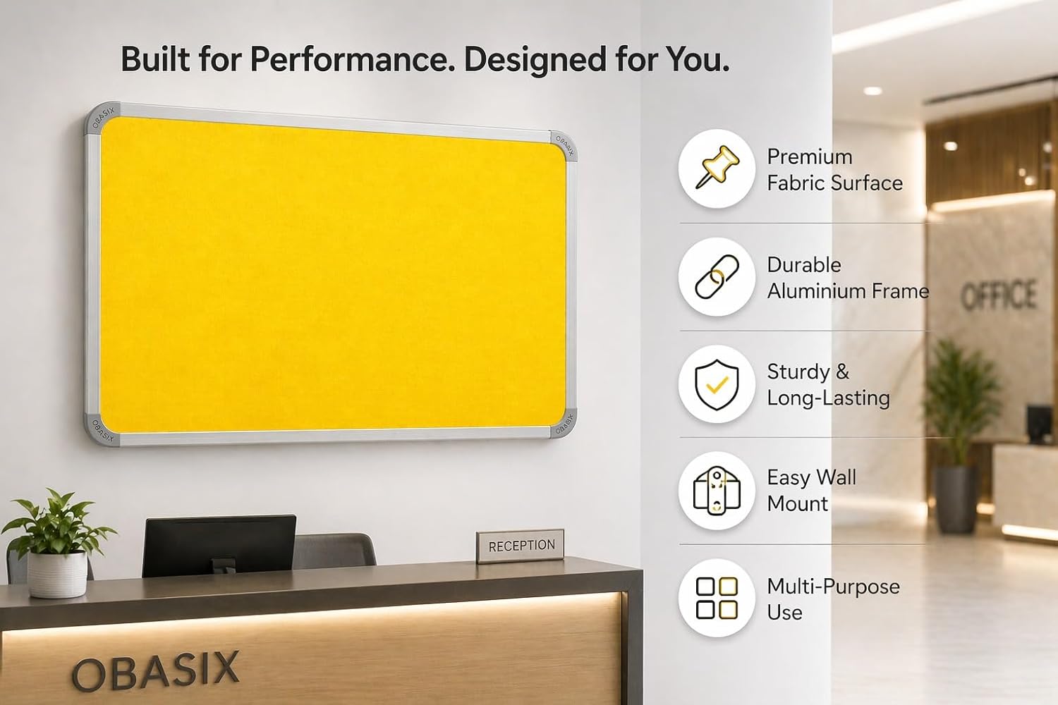 OBASIX® Superior Series Yellow Fabric Pin-Up Display Board 90×120 cm for Kids, Home & Office | Heavy-Duty Aluminium Frame Notice Board | Bulletin Board for Thumb Pins