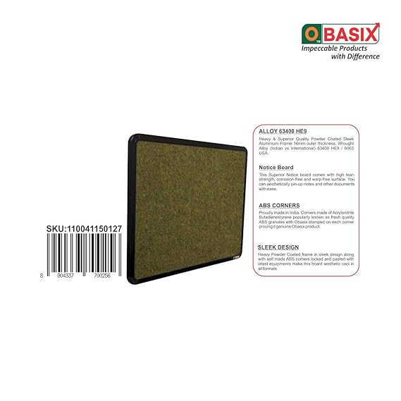 OBASIX® Superior Series Pin-up Bulletin Notice Board (3x4 Feet) Olive Green for School College Office | Powder Coated Black Frame SPBPCBOG90120