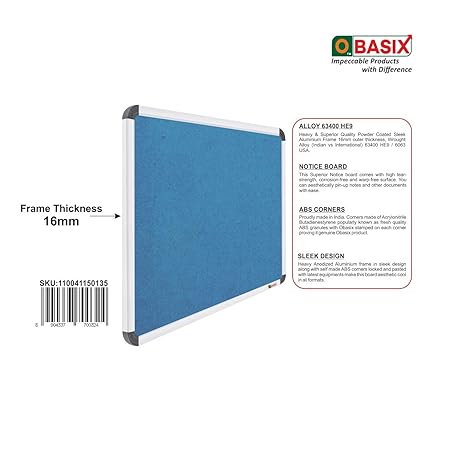 OBASIX® Superior Series Pin-up Bulletin Notice Board (3x4 Feet) Turquoise Blue | Natural Finesse Heavy Aluminium Frame SPBTB90120
