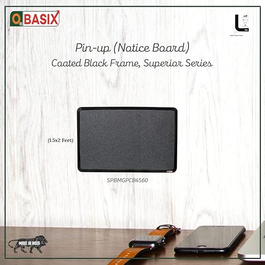 OBASIX® Superior Series Pin-up Bulletin Notice Board (1.5x2 Feet) Mid Grey for School College Office | Powder Coated Black Frame SPBMGPCB4560
