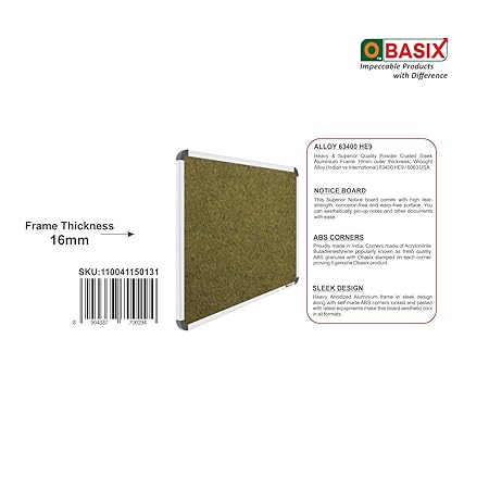 OBASIX® Superior Series Pin-up Bulletin Notice Board (3x4 Feet) Olive Green | Natural Finesse Heavy Aluminium Frame SPBOG90120