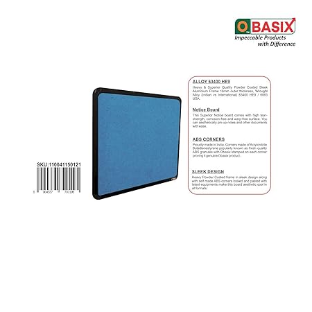 OBASIX® Superior Series Pin-up Bulletin Notice Board (1.5x2 Feet) Turquoise Blue for School College Offices  | Powder Coated Black Frame SPBPCBTB4560