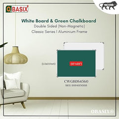 OBASIX® Classic Series Double-Sided 1.5x2 Feet (Non-Magnetic) Whiteboard and Green Chalkboard | Aluminium Frame CWGBDS4560