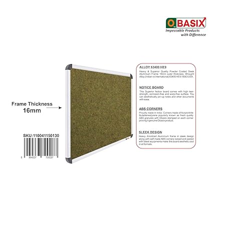 OBASIX® Superior Series Pin-up Bulletin Notice Board (2x3 Feet) Olive Green | Natural Finesse Heavy Aluminium Frame SPBOG6090