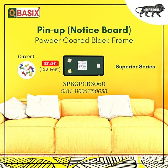 OBASIX® Superior Series Pin Up Bulletin Notice Board (1x2Feet) Green for School College Office | Powder Coated Black Frame SPBGPCB3060
