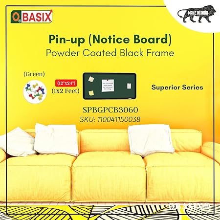 OBASIX®  Superior Series Pin-up Bulletin Notice Board (1x2 Feet) Green for School College Office | Powder Coated Black Frame SPBGPCB3060