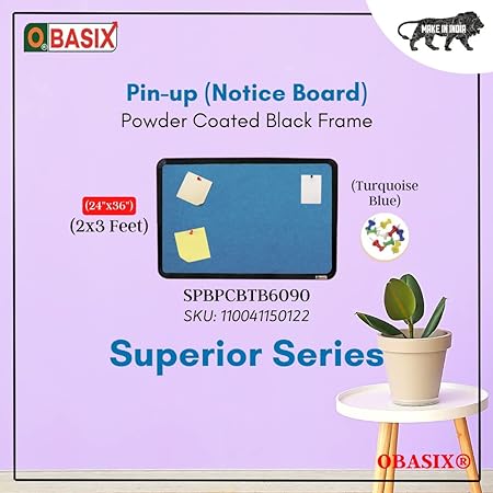 OBASIX® Superior Series Pin-up Bulletin Notice Board (2x3 Feet) Turquoise Blue for School College Offices  | Powder Coated Black Frame SPBPCBTB6090