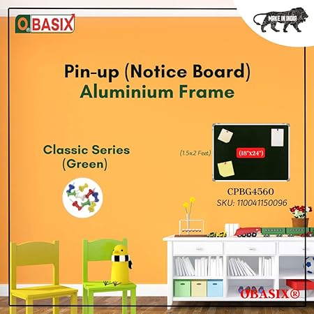 OBASIX® Classic Series Pin Up Bulletin Notice Board (1.5x2Feet) Green for School College Office | Natural Finesse Aluminium Frame CPBG4560