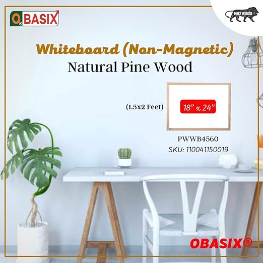 OBASIX® White Board 1.5 x 2 feet (Non-Magnetic) Natural Pine Wood PWWB4560