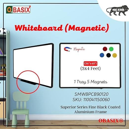 OBASIX® Superior Series Magnetic White Board 3x4 Feet | Heavy Aluminium Frame Black SMWBPCB90120