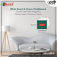 OBASIX® Classic Series Double-Sided 1x1 Feet (Non-Magnetic) Whiteboard and Green Chalkboard | Aluminium Frame CWGBDS3030