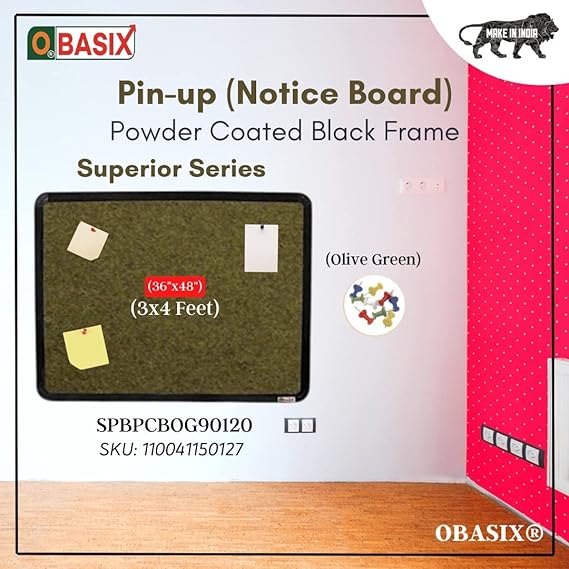 OBASIX® Superior Series Pin-up Bulletin Notice Board (3x4 Feet) Olive Green for School College Office | Powder Coated Black Frame SPBPCBOG90120