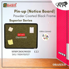OBASIX® Superior Series Pin-up Bulletin Notice Board (3x4 Feet) Olive Green for School College Office | Powder Coated Black Frame SPBPCBOG90120