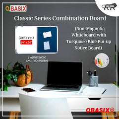 OBASIX® Classic Series Combination Board 2x3 Feet (Non-Magnetic Whiteboard with Turquoise Blue Pin-up Notice Board) | Aluminium Frame CWBPBTB6090