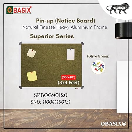 OBASIX® Superior Series Pin-up Bulletin Notice Board (3x4 Feet) Olive Green | Natural Finesse Heavy Aluminium Frame SPBOG90120