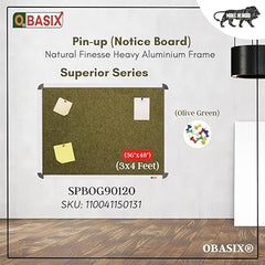 OBASIX® Superior Series Pin-up Bulletin Notice Board (3x4 Feet) Olive Green | Natural Finesse Heavy Aluminium Frame SPBOG90120