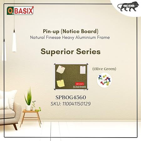 OBASIX® Superior Series Pin-up Bulletin Notice Board (1.5x2 Feet) Olive Green | Natural Finesse Heavy Aluminium Frame SPBOG4560