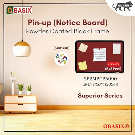 OBASIX® Superior Series Pin-up Bulletin Notice Board (2x3 Feet) Maroon for School College Office | Powder Coated Black Frame SPBMPCB6090