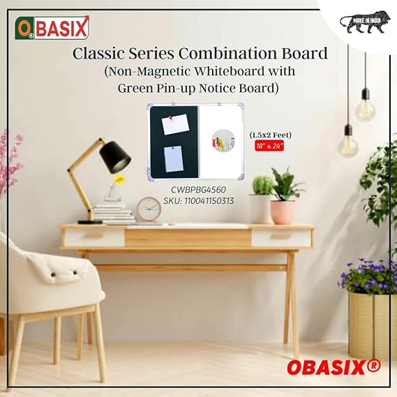 OBASIX® Classic Series Combination Board 1.5x2 Feet (Non-Magnetic Whiteboard with Green Pin-up Notice Board) | Aluminium Frame CWBPBG4560
