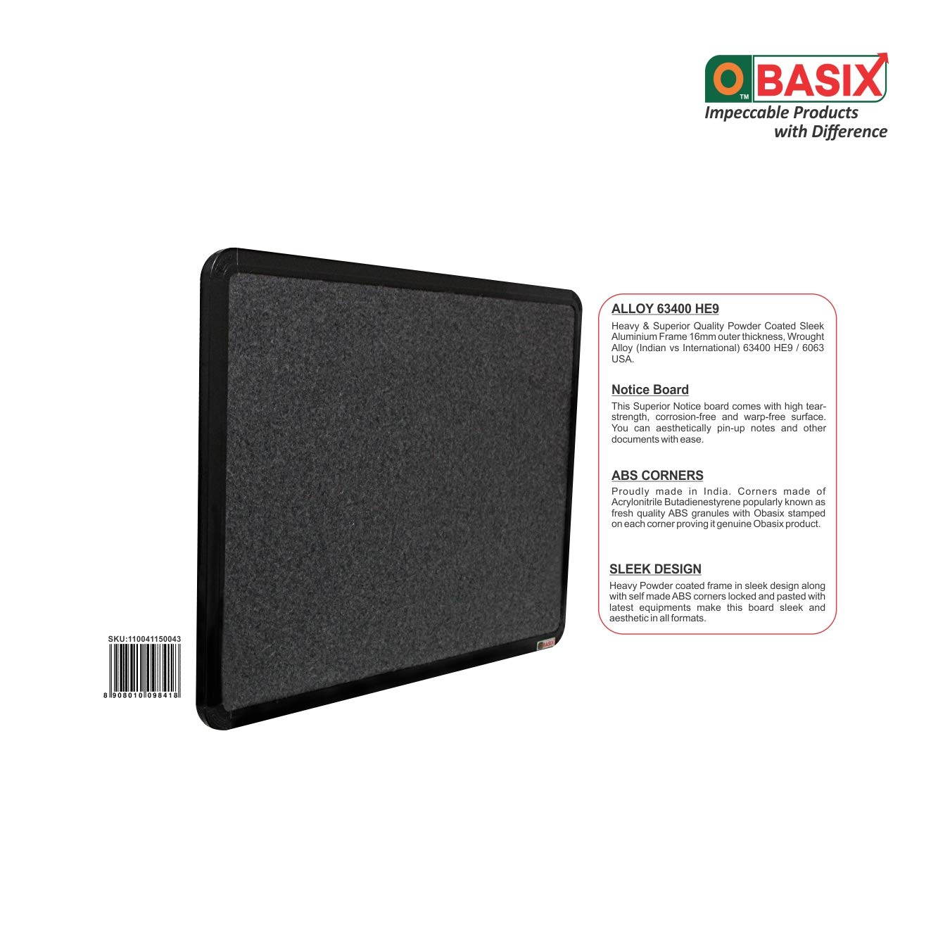 OBASIX® Superior Series Pin-up Bulletin Notice Board (1.5x2 Feet) Mid Grey for School College Office | Powder Coated Black Frame SPBMGPCB4560