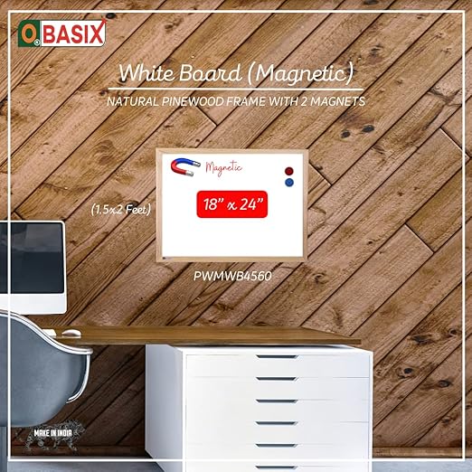OBASIX® White board 1.5x 2 Feet( Magnetic) natural pine wood with 2 magnets (40 mm)