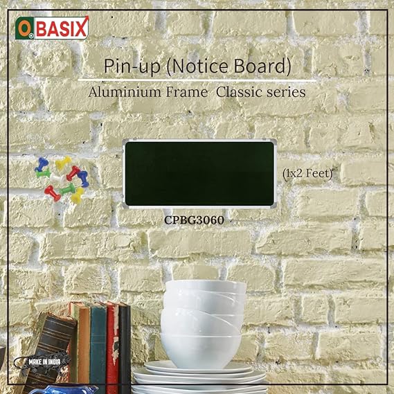 OBASIX® Classic Series Pin Up Bulletin Notice Board (1x2Feet) Green for School College Office | Natural Finesse Aluminium Frame CPBG3060