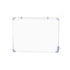 A rectangular white magnetic white board with a lightweight aluminum frame and LD corners, designed for writing and displaying magnets and notes.