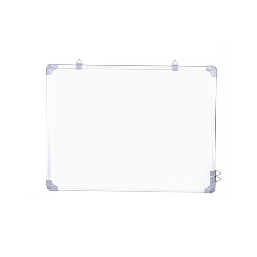 A white magnetic white board with a light-weight aluminium frame, resin-coated surface, and hanging clips on the rear side.