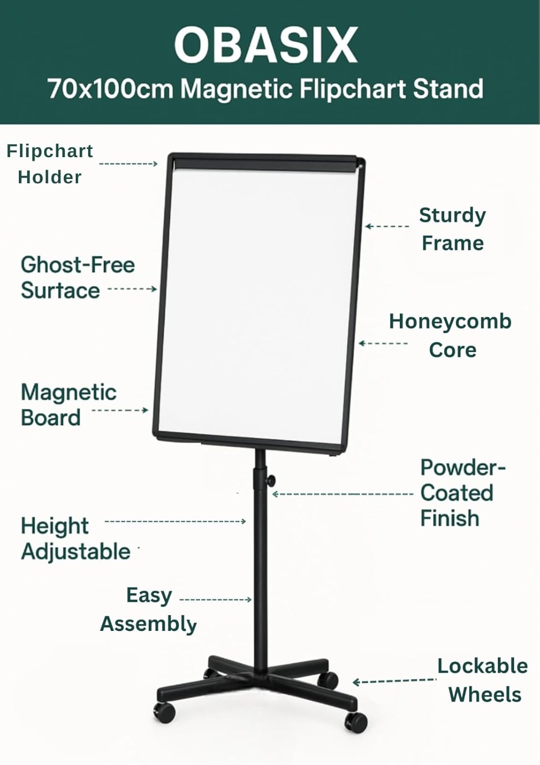 OBASIX® 70x100cms Magnetic Flipchart Stand with Height adjusment Stand with Lockable wheels | Powder Coated Black