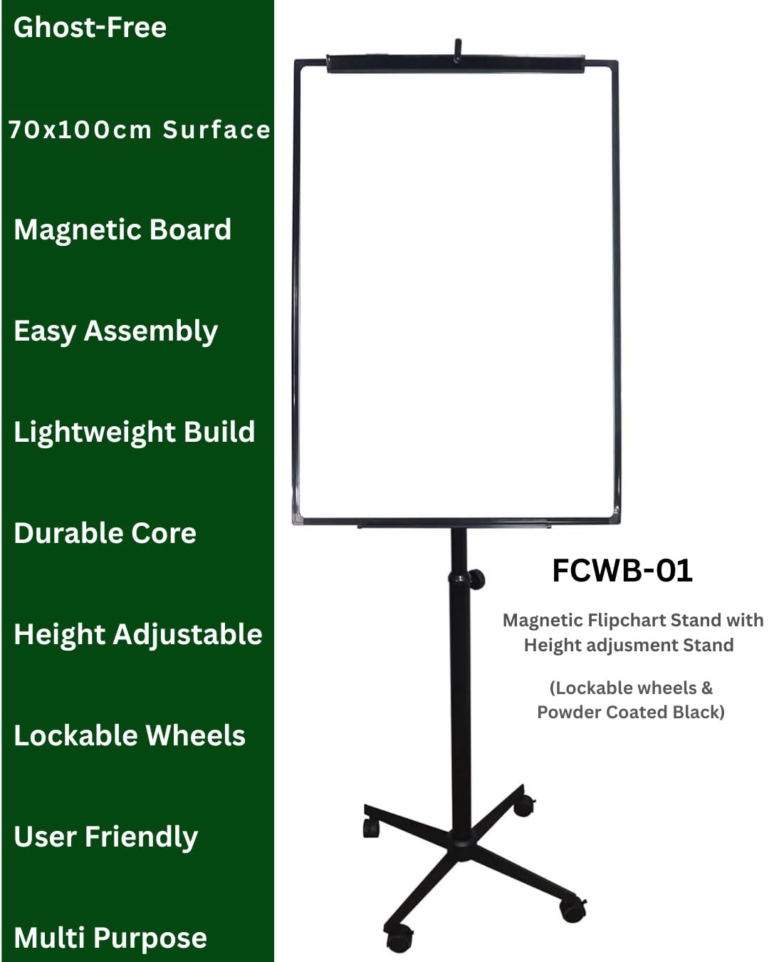 OBASIX® 70x100cms Magnetic Flipchart Stand with Height adjusment Stand with Lockable wheels | Powder Coated Black