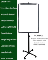 OBASIX® 70x100cms Magnetic Flipchart Stand with Height adjusment Stand with Lockable wheels | Powder Coated Black