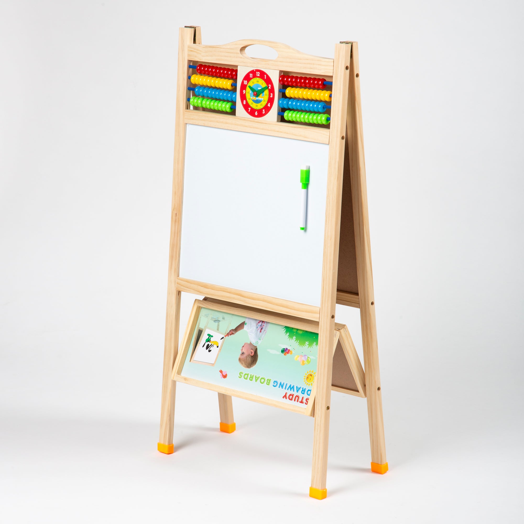 OBASIX® Magnetic Foldable Whiteboard and Green Chalkboard with Beads for Children|Natural Pinewood| WBCB-01