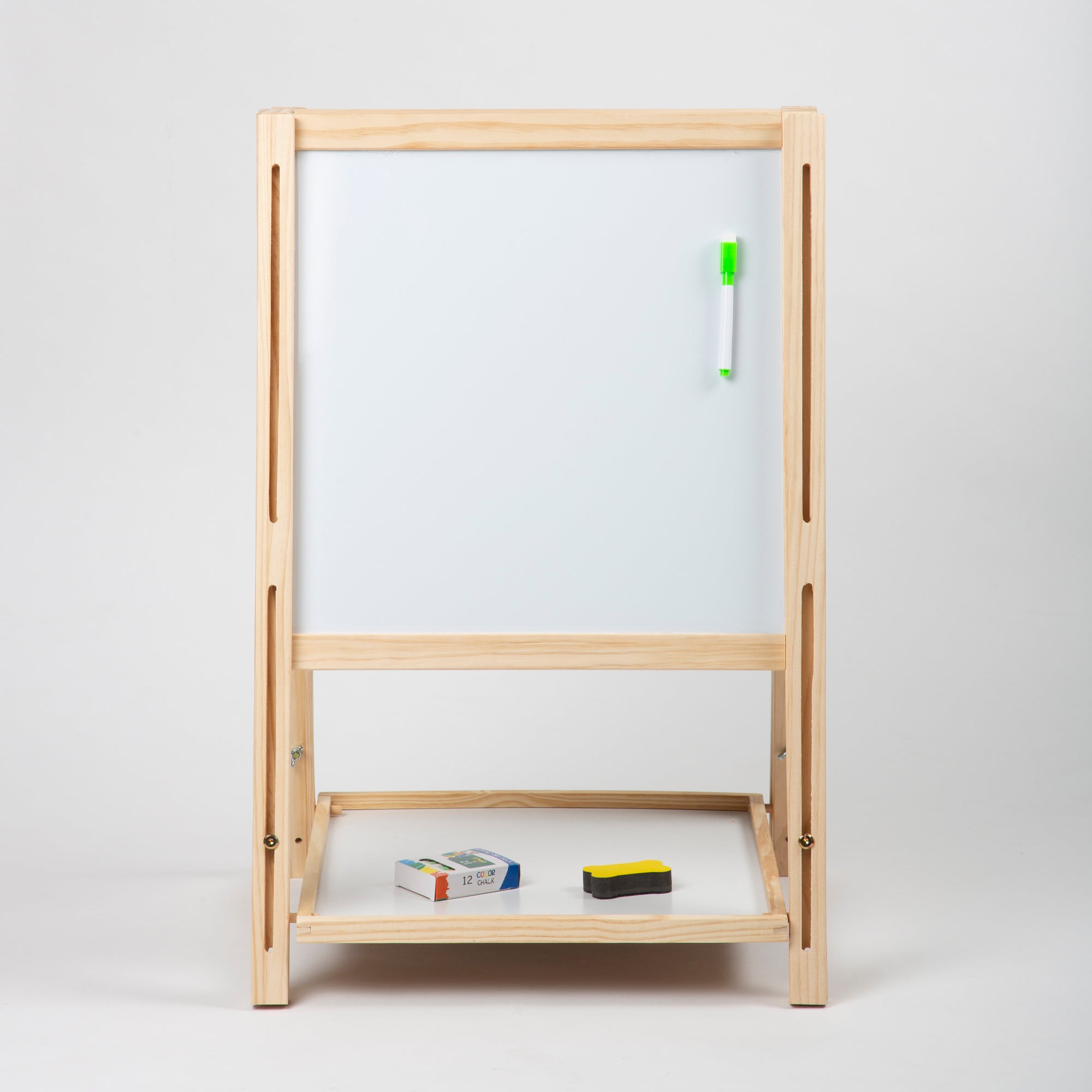 OBASIX® Height Adjustable Magnetic Foldable Whiteboard and Green Chalkboard for Children| Natural Pinewood| WBCB-02