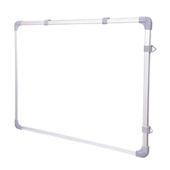 Magnetic white board with a light-weight aluminum frame and resin coated surface, suitable for writing and displaying notes.