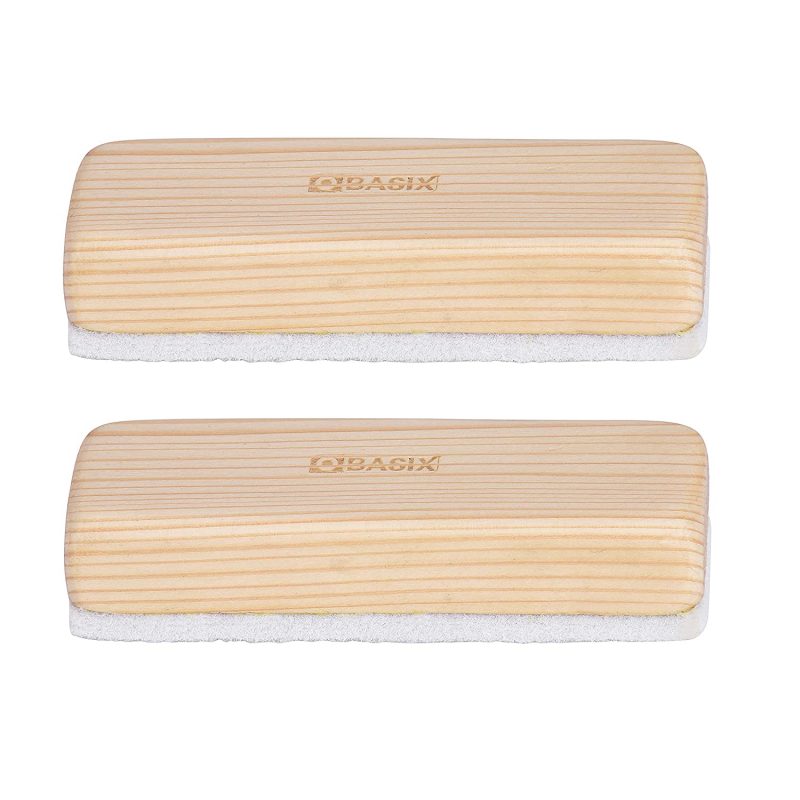 Two beige pine wood whiteboard dusters with synthetic duster felt attached to the front.