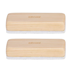 Two beige pine wood whiteboard dusters with synthetic duster felt attached to the front.